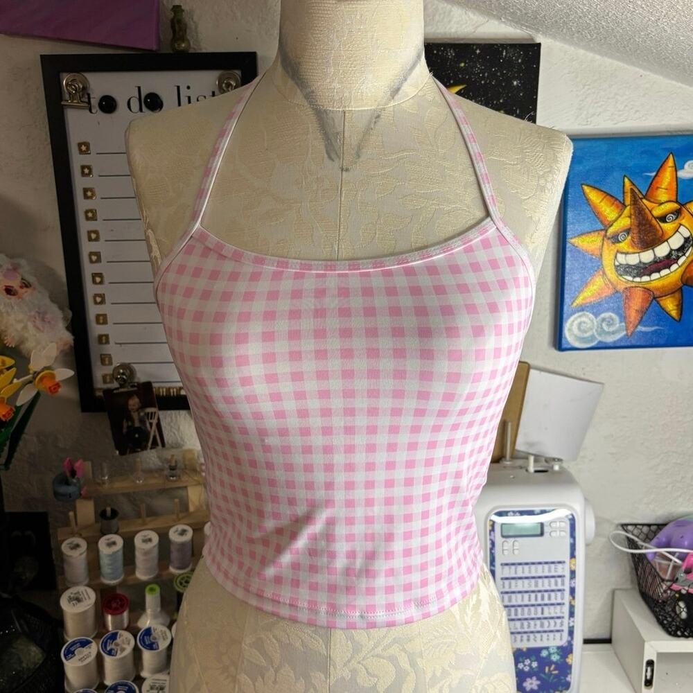 Pink and white gingham athletic top